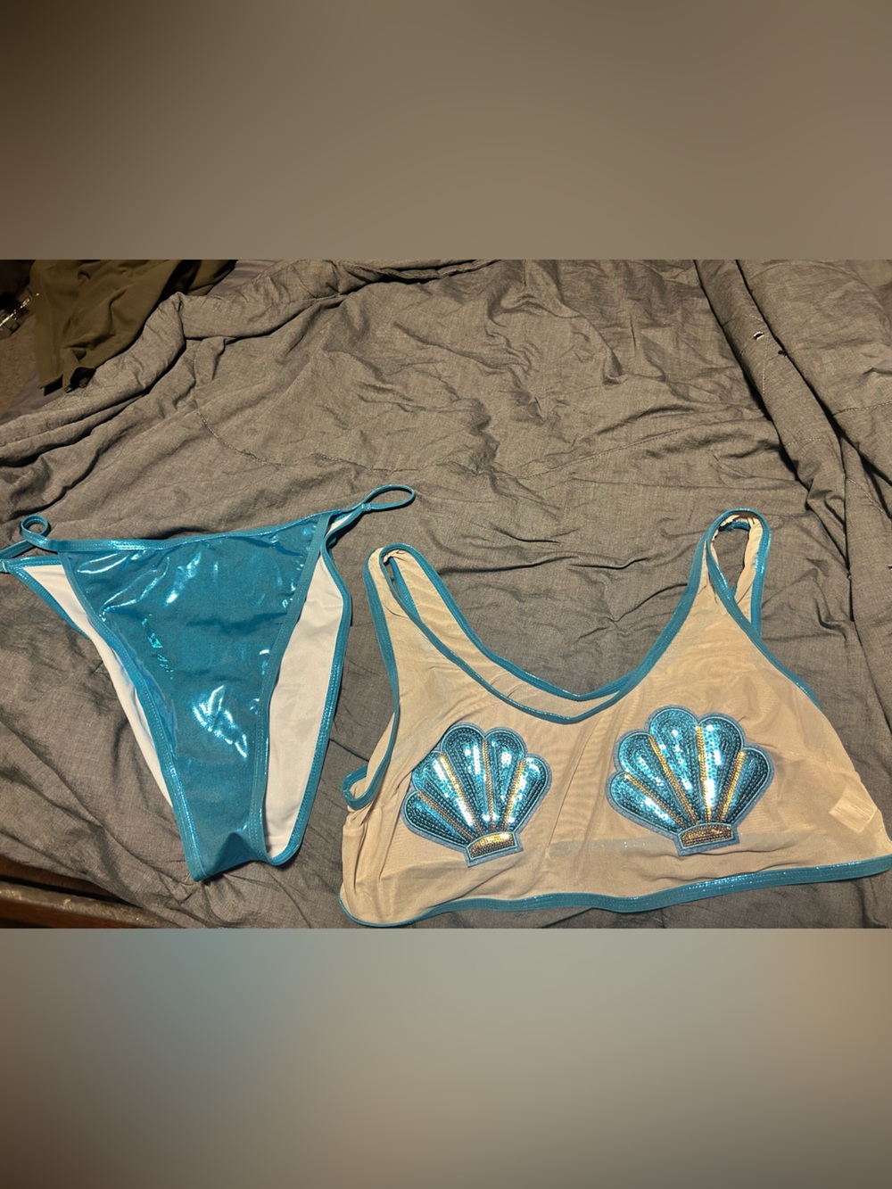 Blue Metallic Mermaid Bikini Set with Shell Appliqués
